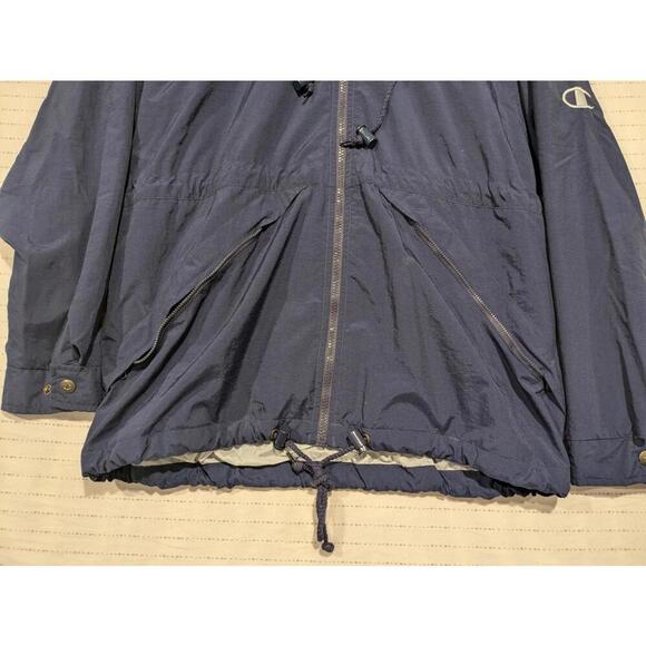 Champion Navy Blue Lightweight Windbreaker Jacket Nylon Mens Medium Rolled Hood - Picture 4 of 12